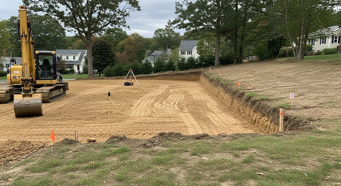 Excavation equipment preparing a residential building site