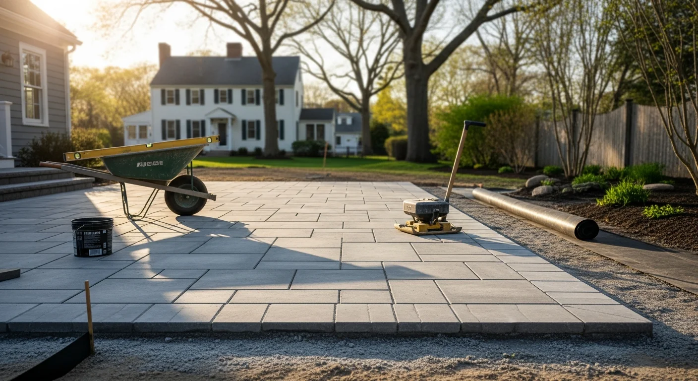 Finished patio and walkway hardscape installation in a residential backyard