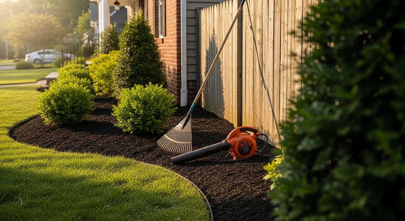 Professional landscaper maintaining a residential lawn and garden beds