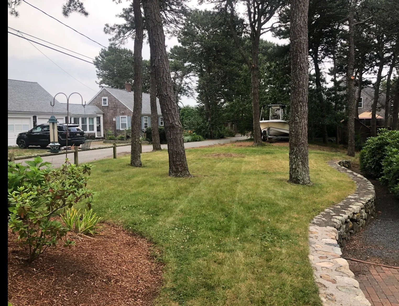 Lawn with mature pines, mulch beds, stone edging, and shrub plantings