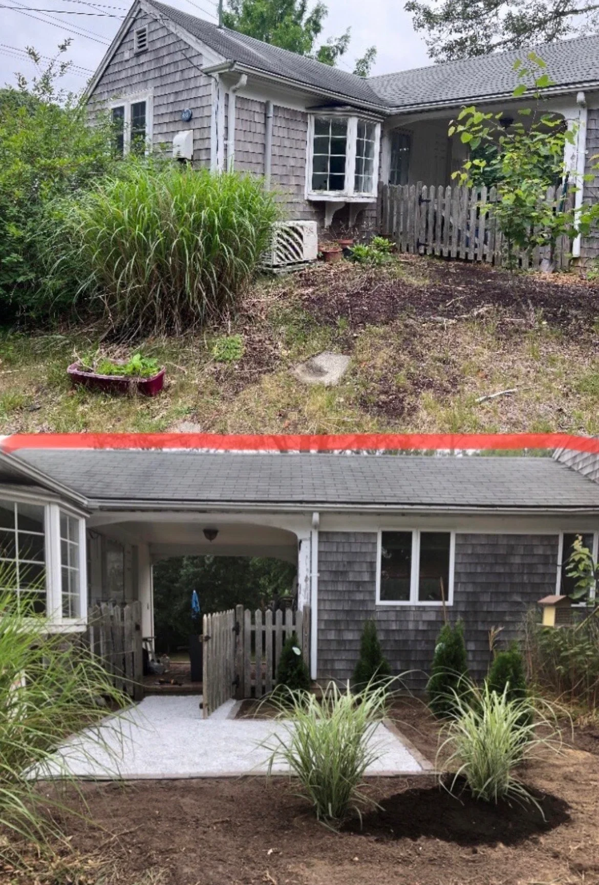 Before and after residential landscape with concrete patio, mulch beds, and ornamental grasses