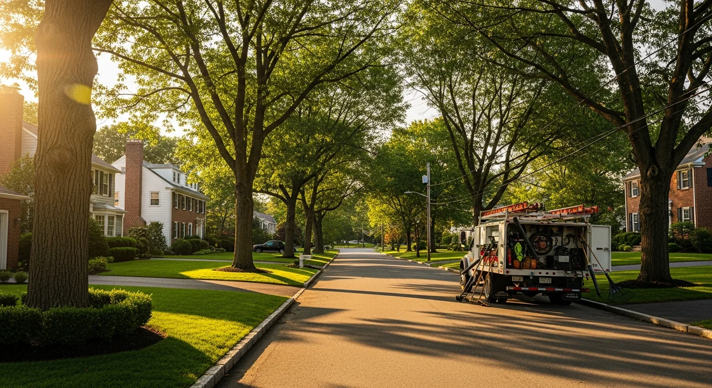 Residential street in Norfolk County with tree-lined homes and well-maintained lawns typical of Dedham and Needham neighborhoods.