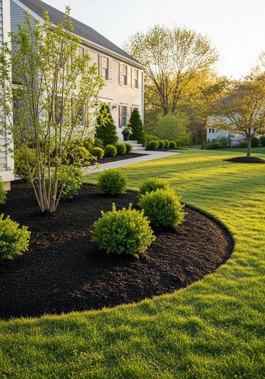 Service professional and Sharon homeowner reviewing completed work at a property with mature landscaping.