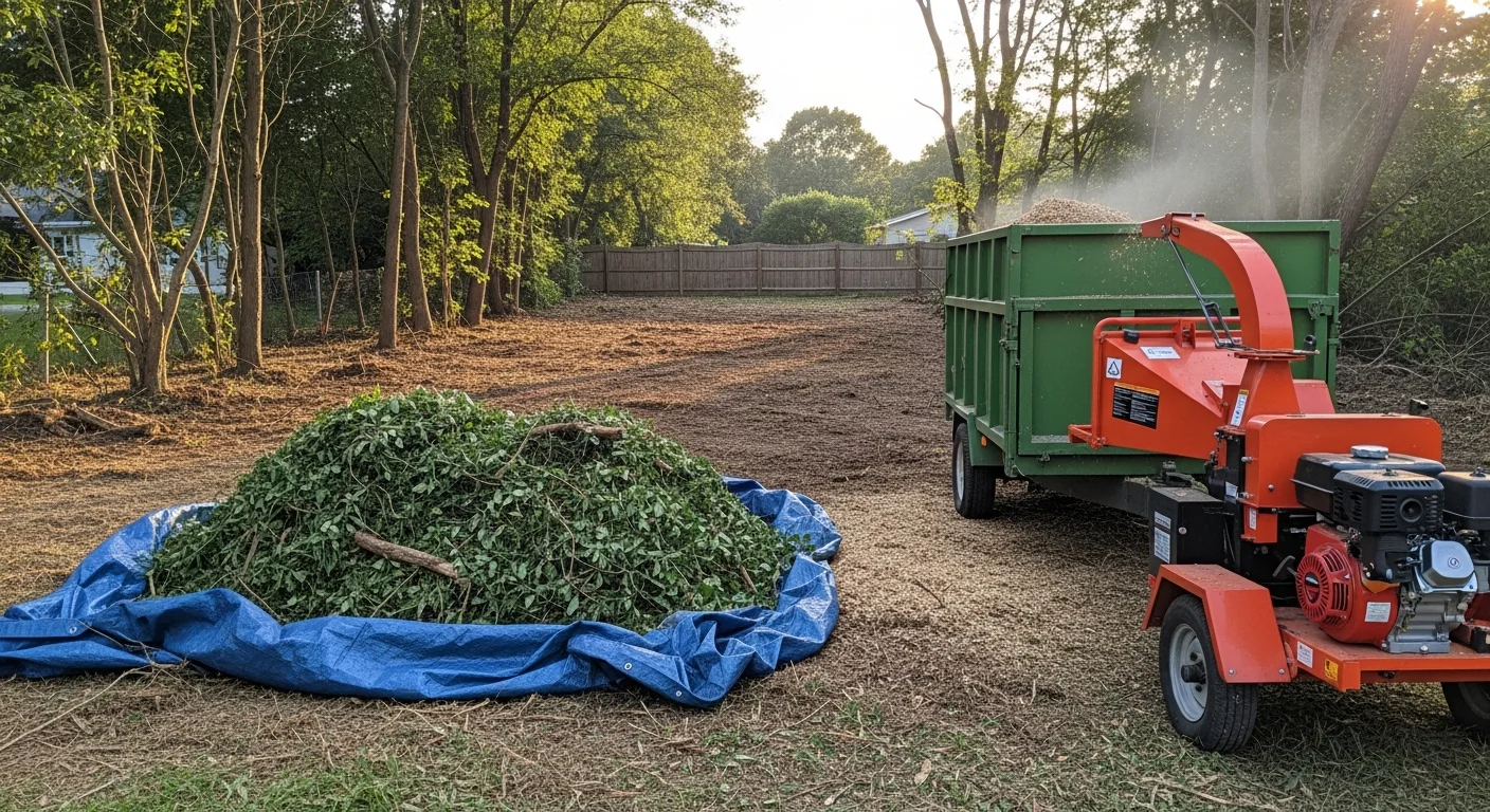 A cleared residential lot in Norfolk County with cut brush and debris removed, showing open ground ready for landscaping or excavation work. Gilman Landscaping crew equipment visible at the edge of the cleared area.