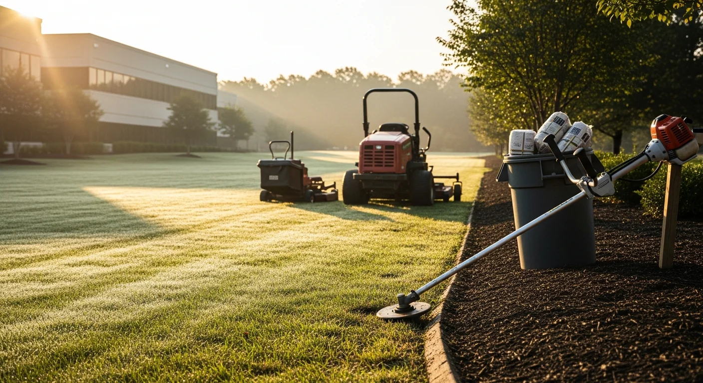 A neatly mowed and edged commercial property lawn in Norfolk County, Virginia, with trimmed shrubs along a building entrance and clean mulched beds. Gilman Landscaping crew equipment is visible in the background on a clear day.