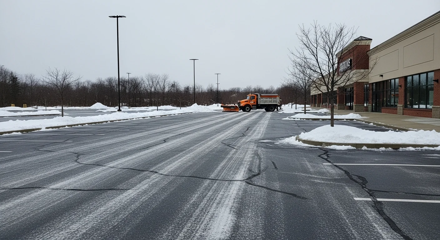 A cleared commercial parking lot in Norfolk County, Ontario, with plowed snow stacked along the perimeter and a salted walkway leading to a storefront entrance. A Gilman Landscaping truck is visible near the lot edge after a winter snowfall.
