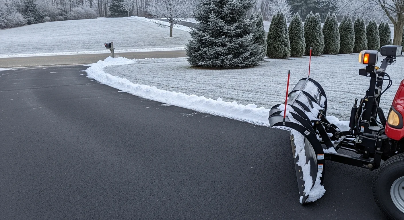 A freshly plowed residential driveway in Norfolk County, MA with snow pushed cleanly to both sides and the full pavement surface exposed from the garage to the street. A Gilman Landscaping truck is visible at the end of the drive after completing the plow pass.