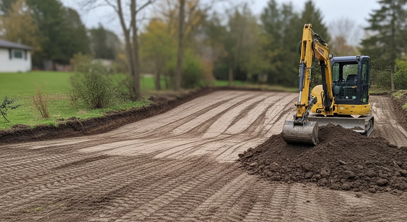 A compact excavator digging a drainage trench in a residential yard in Norfolk County, Virginia, with exposed loamy soil and graded ground visible along the trench line.