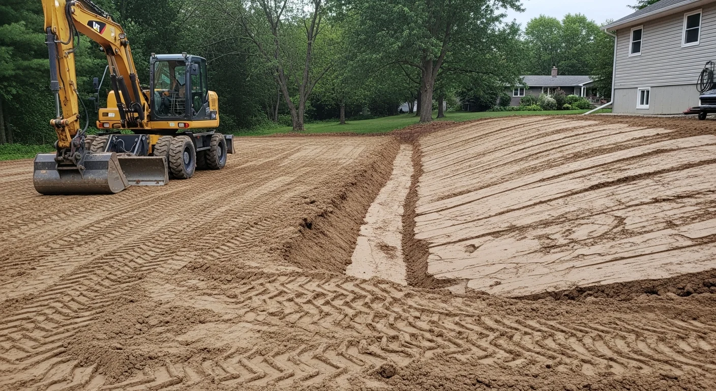 A graded residential yard in Norfolk County with a clearly sloped surface directing water away from the home's foundation. A shallow swale runs along the property edge to channel stormwater runoff toward a safe discharge point.