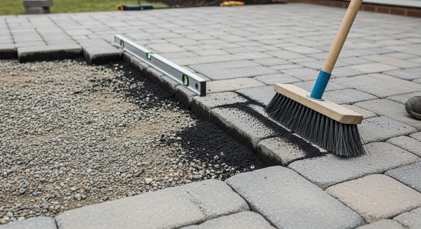 A repaired paver patio in Norfolk County with level surfaces, filled joints, and a stable stone border. A residential backyard setting shows the finished hardscape repair work completed by Gilman Landscaping.