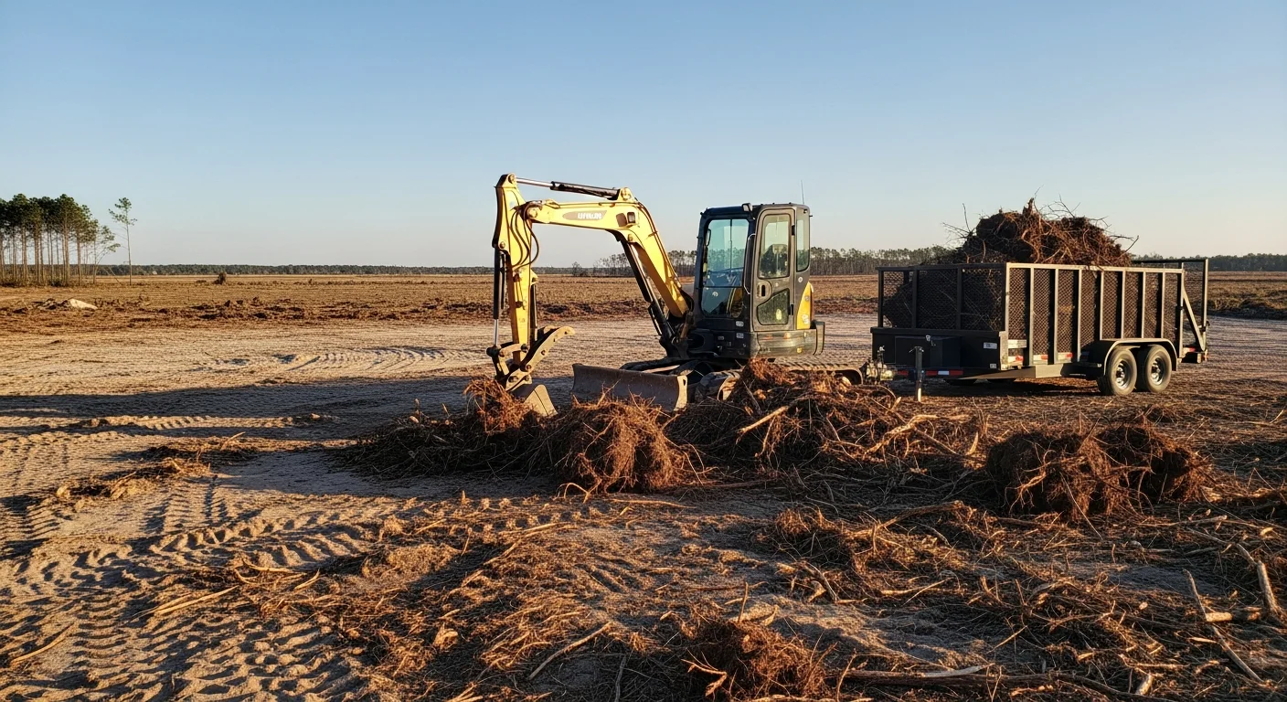 A Norfolk County residential lot after land clearing by Gilman Landscaping, showing a flat open ground surface with tree stumps and brush removed. Heavy equipment tracks are visible at the edge of the cleared area where dense woodland was cut back.