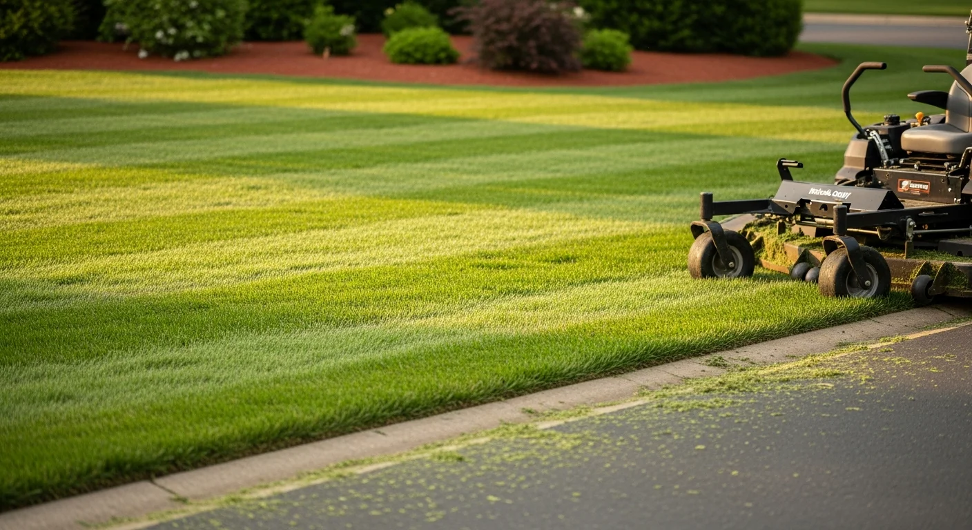 A neatly mowed residential lawn in Norfolk County, Virginia, with clean edges along a concrete driveway and trimmed grass borders around a garden bed. A landscaper from Gilman Landscaping finishes blowing clippings from the walkway on a clear summer day.