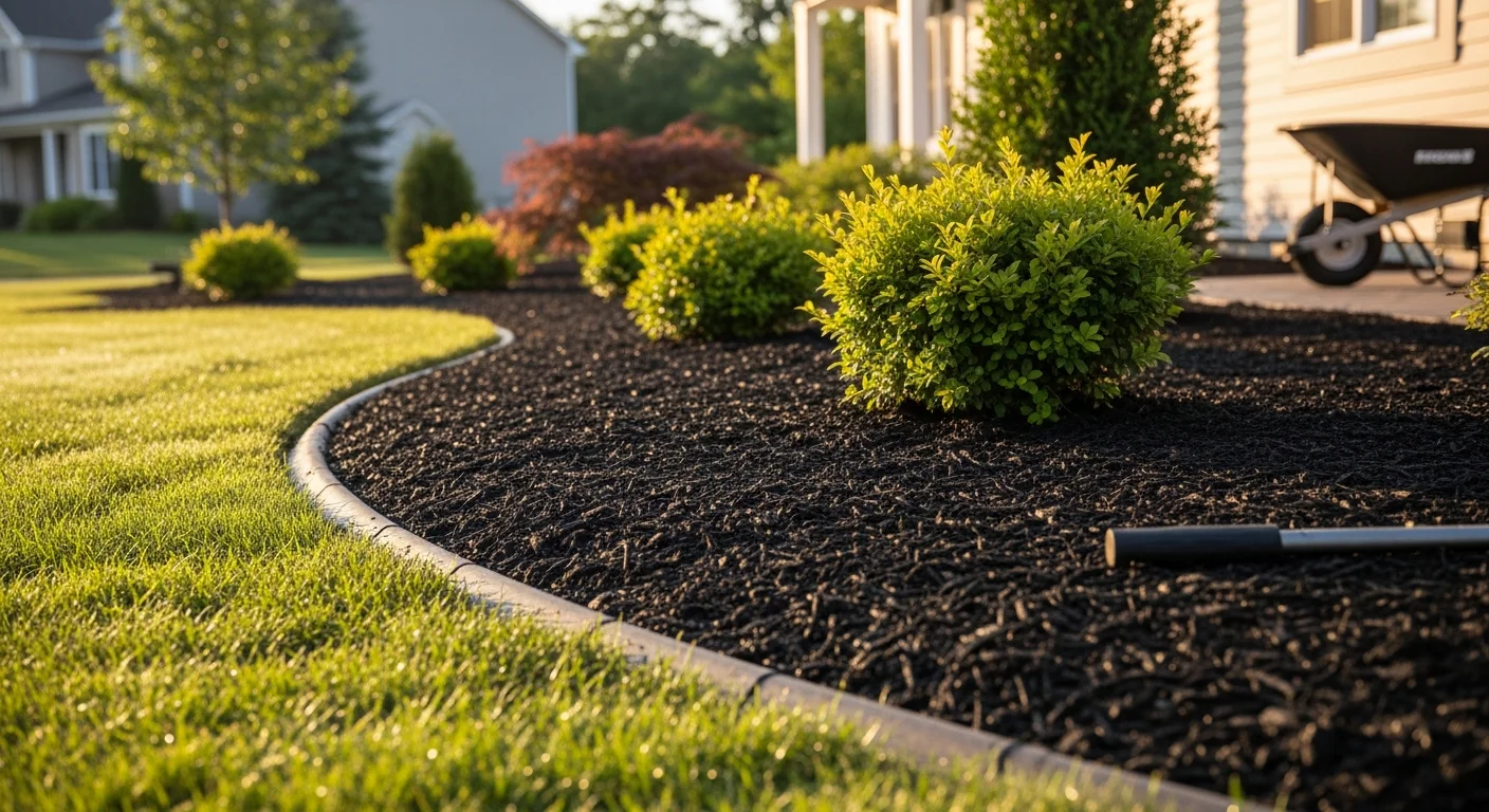 A freshly mulched landscape bed with clean-cut edges along a residential property in Norfolk County, Virginia. Dark mulch surrounds established shrubs and perennials with no visible weeds or grass encroachment.