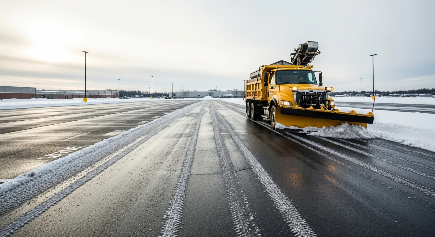 A freshly plowed commercial parking lot in Norfolk County, Massachusetts, with snow stacked along the perimeter and cleared driving lanes visible after a winter storm. A Gilman Landscaping truck is positioned near the lot entrance following a plowing and de-icing service.