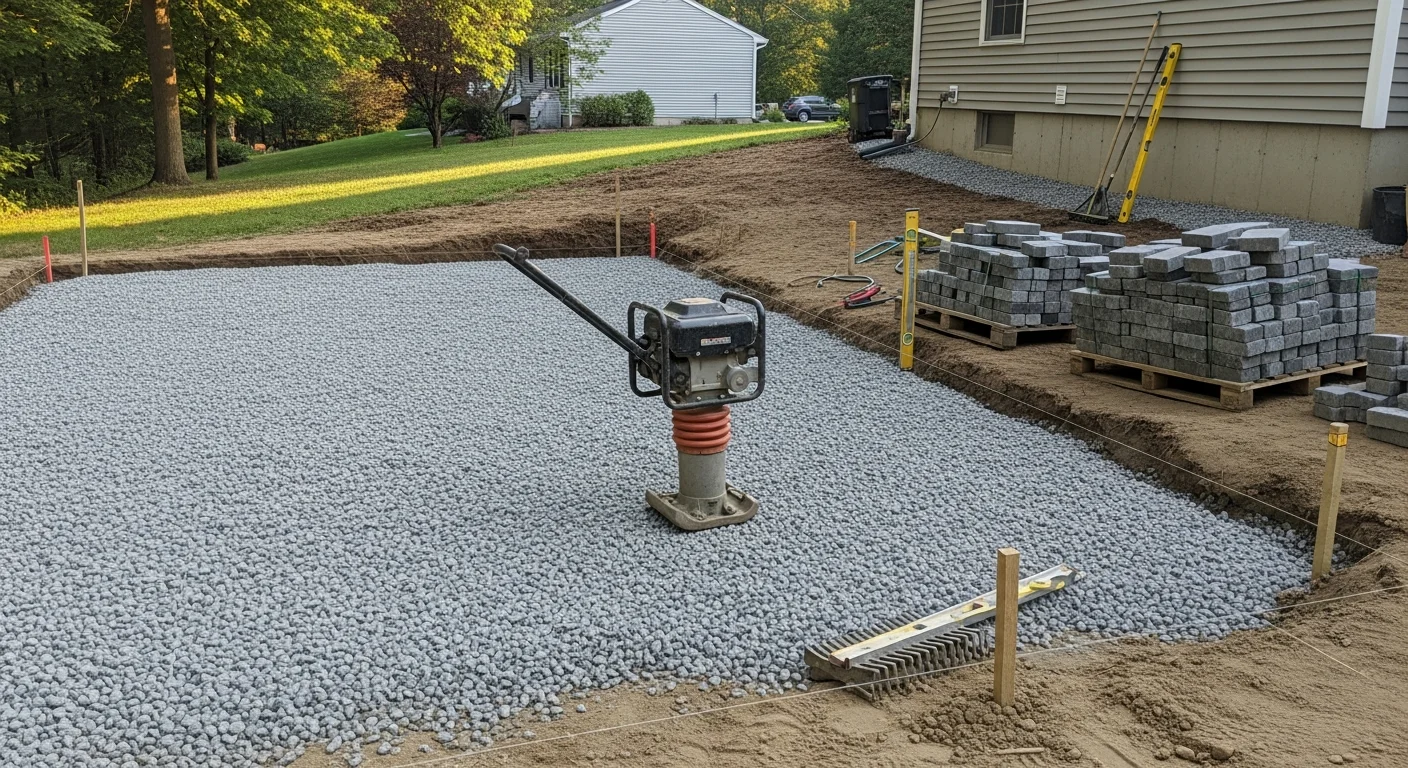 A completed backyard patio installation on a residential property in Norfolk County, MA, showing a level paved surface with clean edge lines set against a green lawn. The patio extends from the rear of a single-family home with visible grading that slopes away from the foundation.