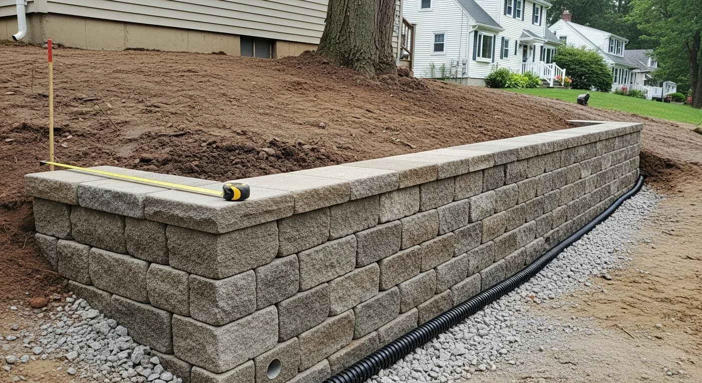 A newly constructed stone retaining wall on a sloped residential property in Norfolk County, Massachusetts, with leveled yard space behind it and clean grading along the base. The wall runs along a gentle hillside with visible soil stabilization and a flat usable lawn area created above the structure.