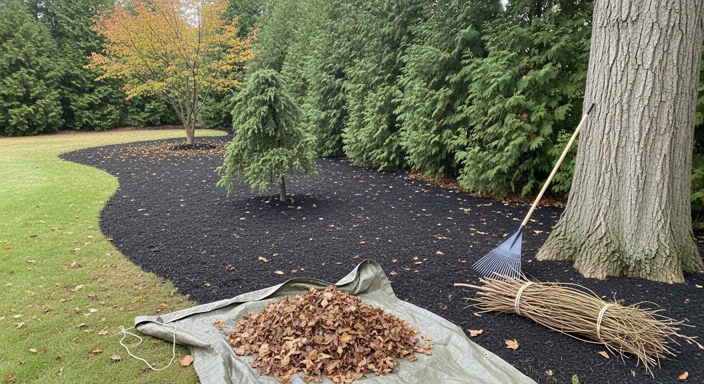 A Norfolk County residential yard after a seasonal cleanup, with cleared garden beds, raked lawn free of leaves and debris, and neatly trimmed shrubs along the property edge. Gilman Landscaping seasonal cleanup service result in fall.