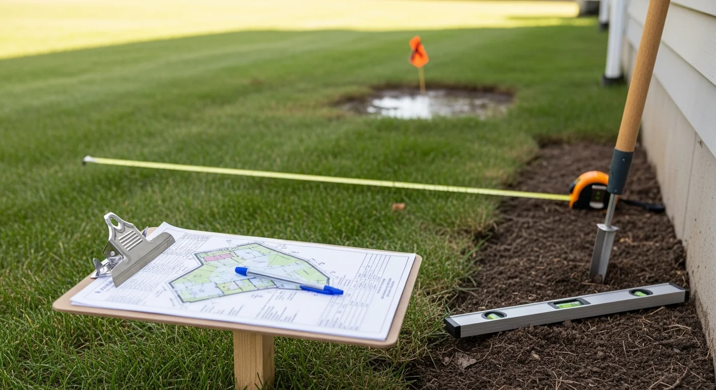 A Gilman Landscaping consultant reviewing slope and drainage conditions in a residential backyard in Norfolk County, Virginia. The site shows open lawn area being assessed for future hardscape placement including a patio and walkway.