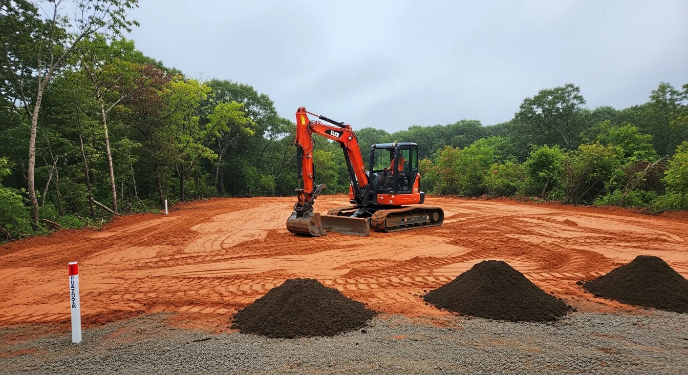 A tracked excavator grading and leveling a residential lot in Norfolk County, Virginia, with cleared soil and shaped ground visible in preparation for new construction. The site shows fresh earthwork with drainage slope established away from the property.