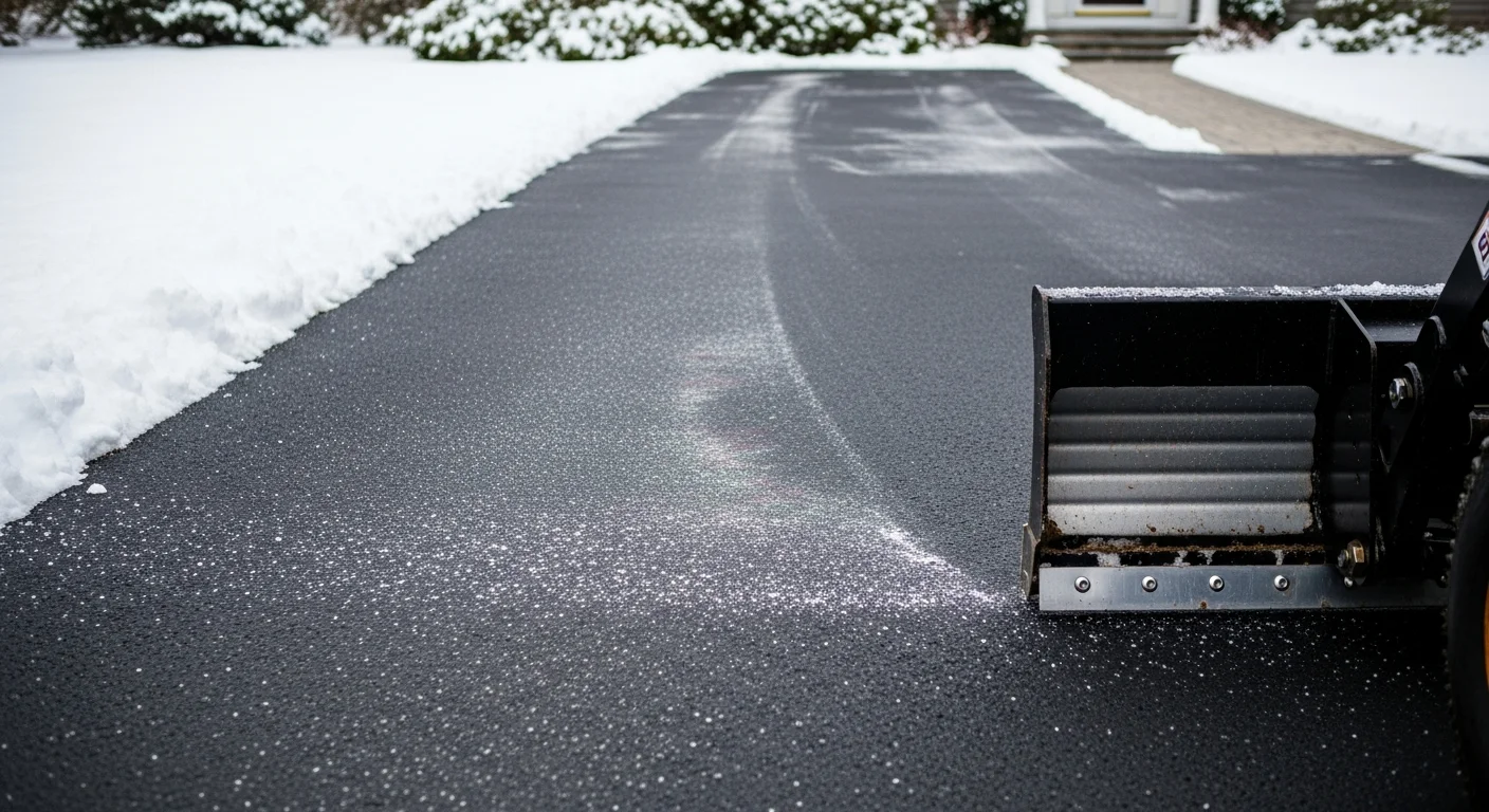 A cleared residential driveway and front walkway in Norfolk County, MA after a winter snowstorm, with snow pushed to the sides and the path to the front door fully accessible. Ice treatment has been applied to the entry area near the front steps.