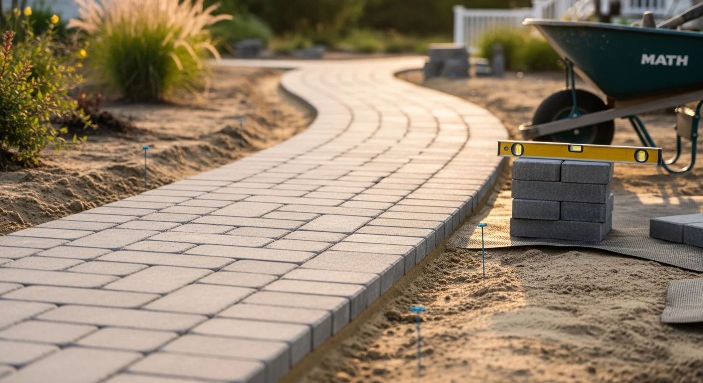 A freshly installed stone walkway leading from the front entry to the driveway of a residential home in Norfolk County, Virginia. The path features clean edge restraints and level surface stones set against a green lawn.